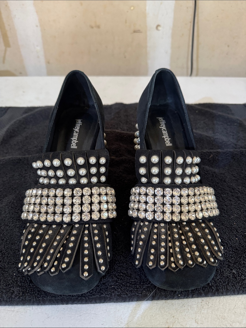 Jeffrey Campbell Black Pearl & Rhinestone Fringe Loafers